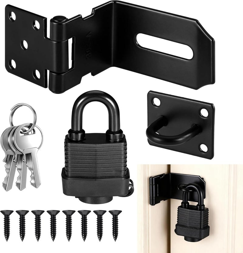 Starvortex 90 Degree Door Lock Latch, 4 Inch Stainless Steel Hasp Latch with Padlock Keys Screws, Heavy Duty Hasp Lock, Waterproof Pad Lock Latches for Mailbox Wooden Gate Shed Cabinet - Image 1